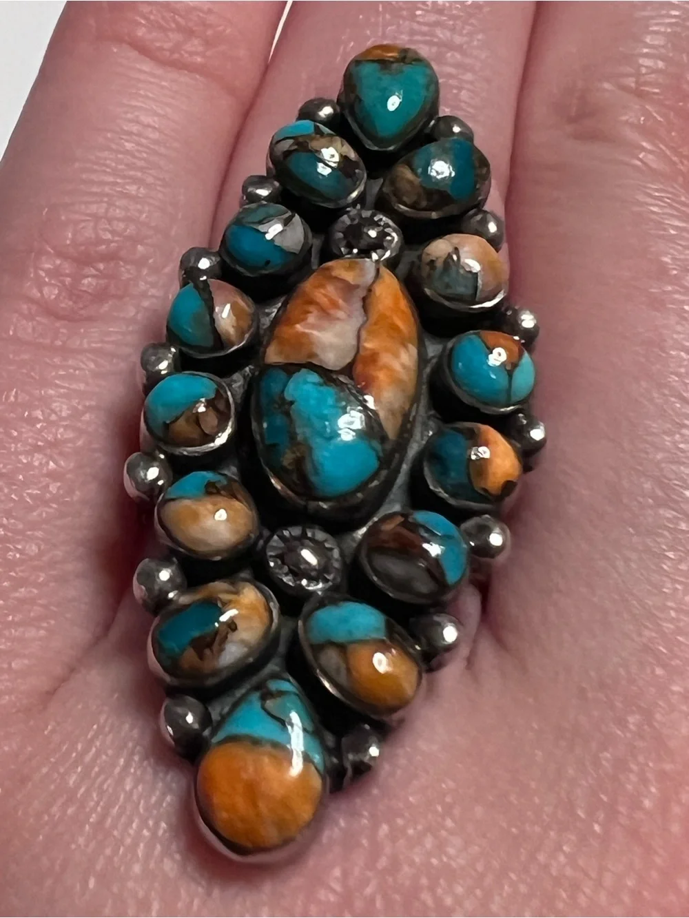 925 Sterling Silver Multi-Stone Turquoise Cluster Ring Southwestern Style Size 6